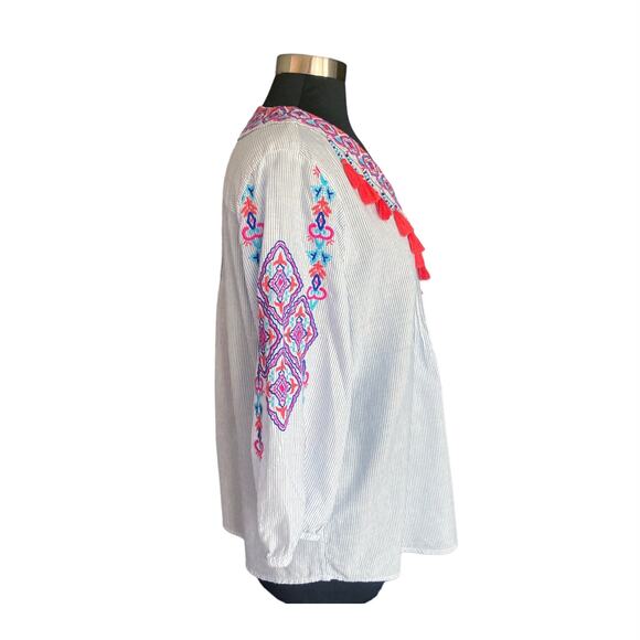 Chico's Blue White Stripe Popover Top Embroidered Beaded Tassels Size XL/16 Boho - Picture 6 of 13